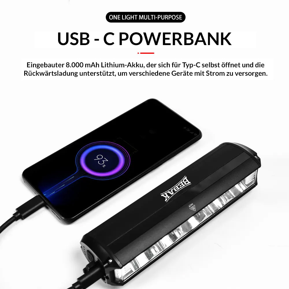fahrradbeleuchtung usb powerbank Bebak LED Fahrradlampe – 2600 Lumen und Powerbank in einem